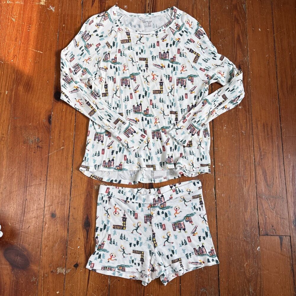 AERIE‎ Thermal Waffle Winter Ski Theme Matching Pajama Set - Small/XS